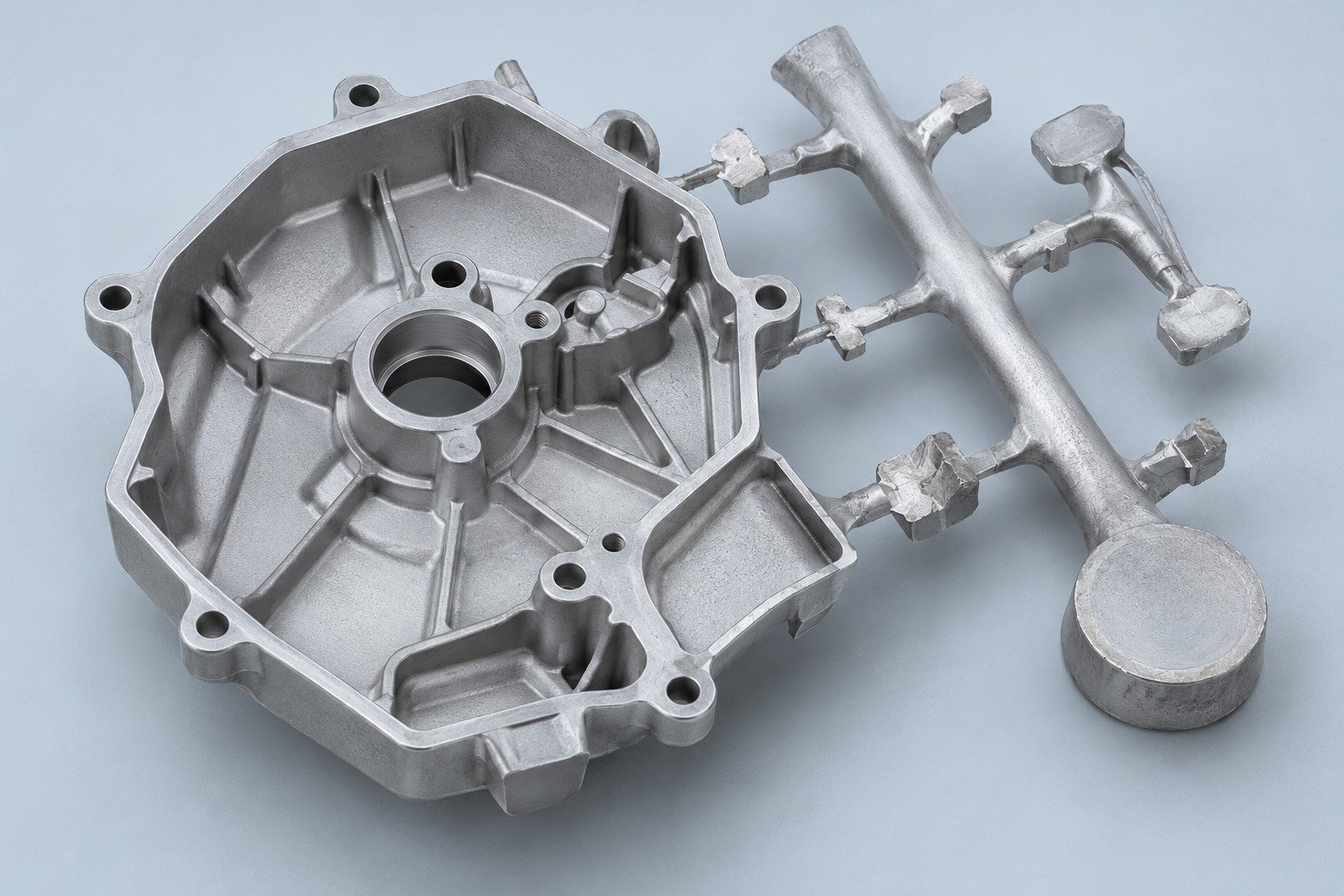 Cast cover with runner and overflow network — illustrative concept