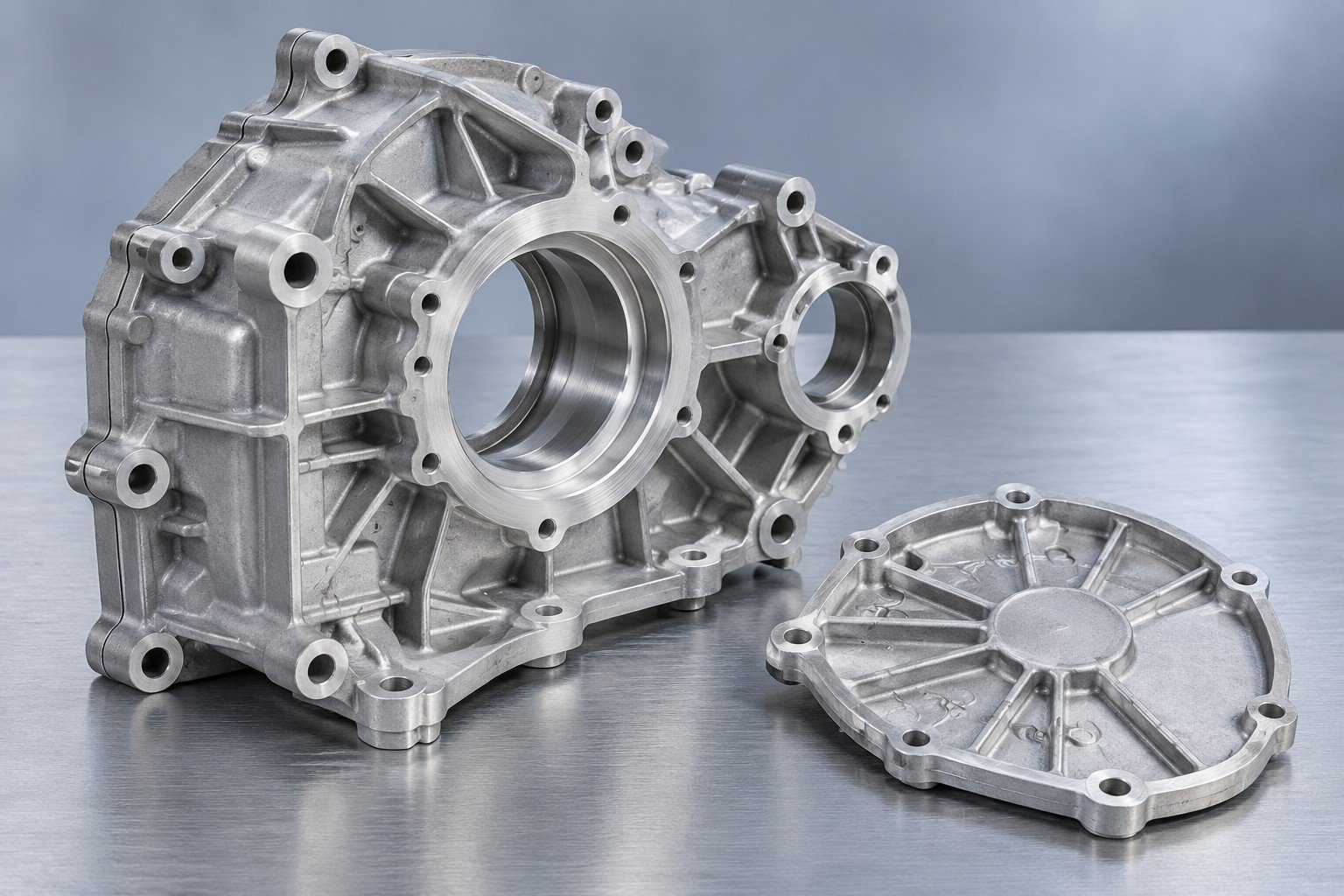 Silver aluminum die cast gearbox housing and separate cover — illustrative concept