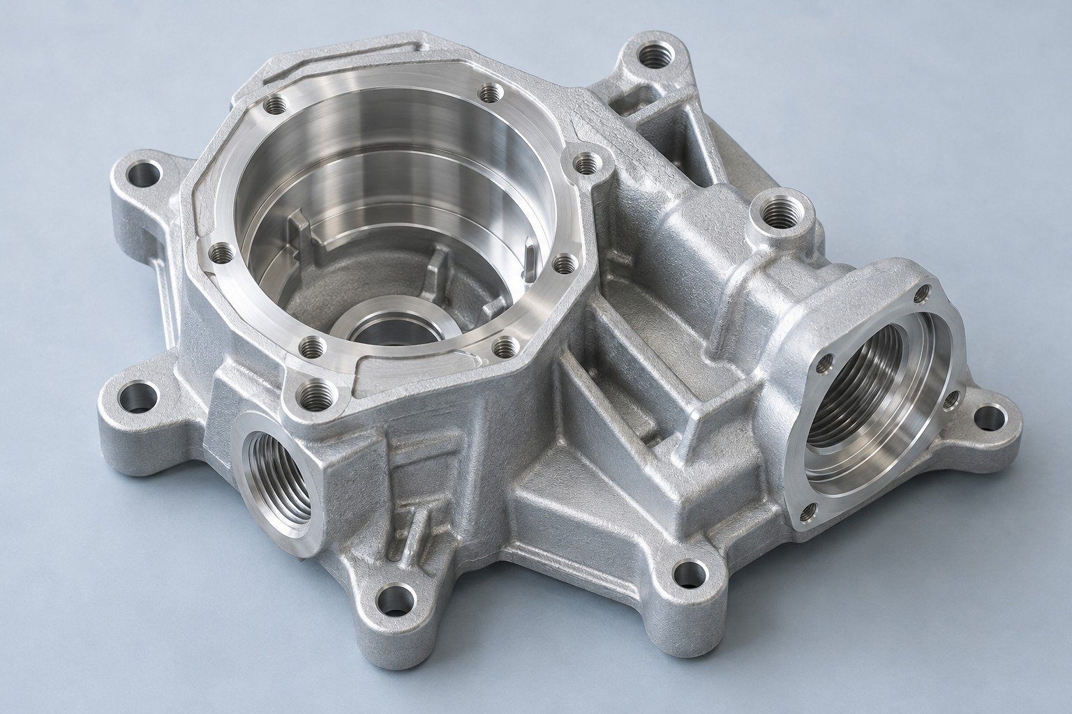 Secondary-machined aluminum housing — illustrative concept
