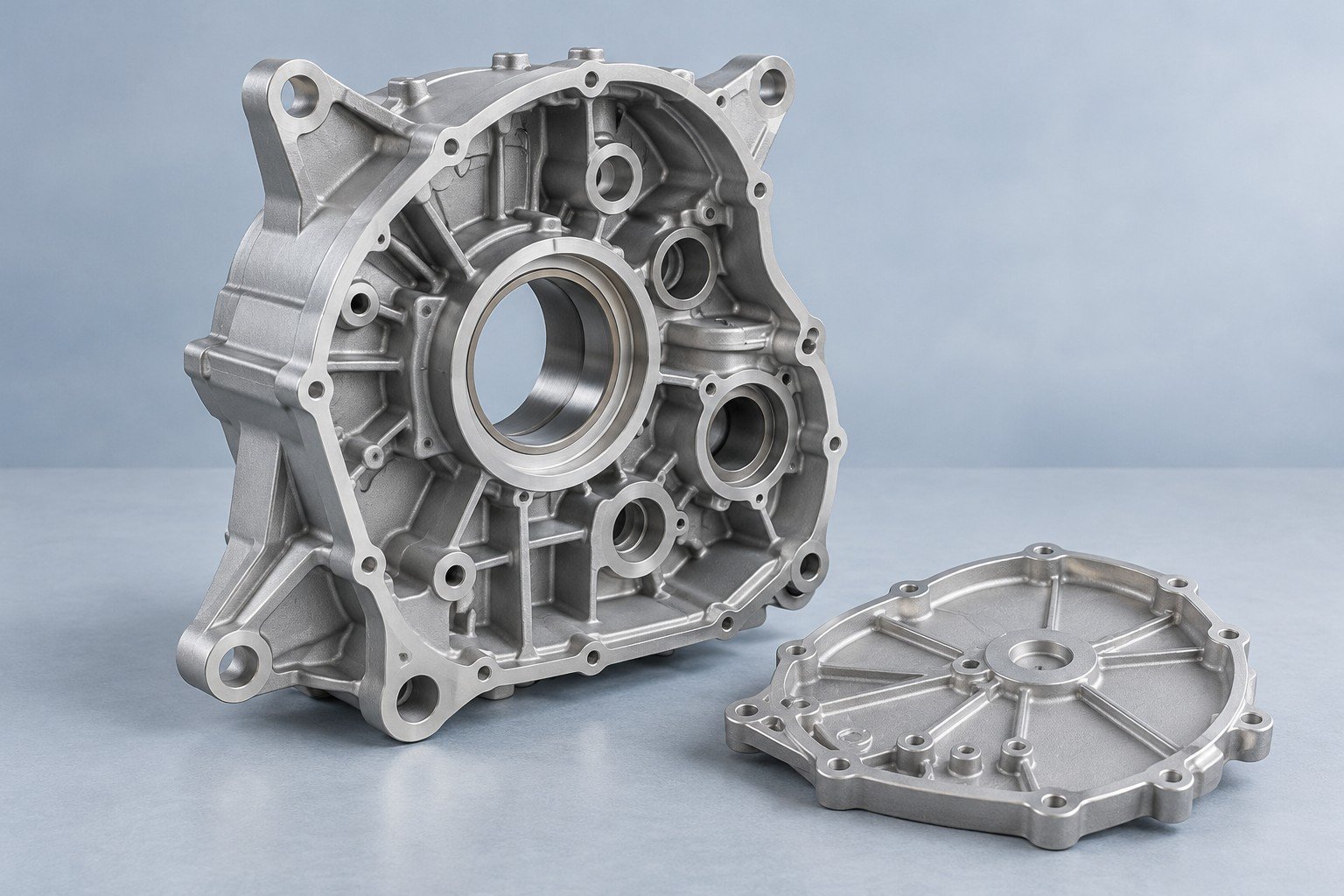 Carter de transmission en aluminium moulé et couvercle séparé — concept illustratif