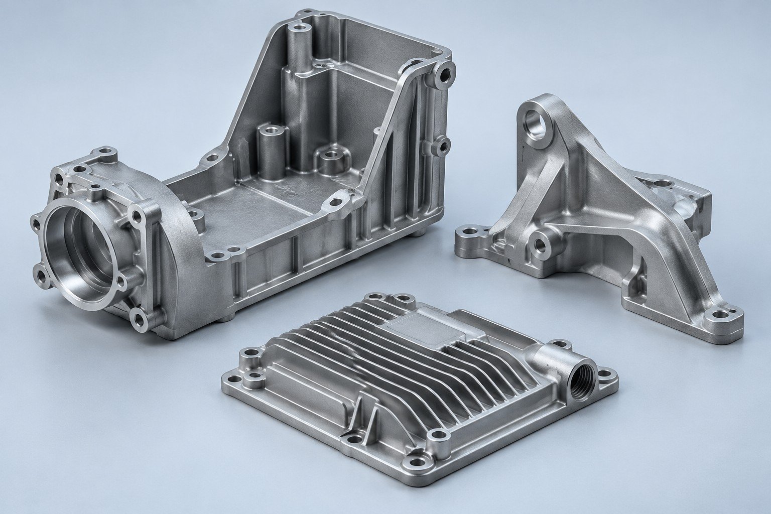 Drie verschillende concepten van aluminium gietonderdelen.