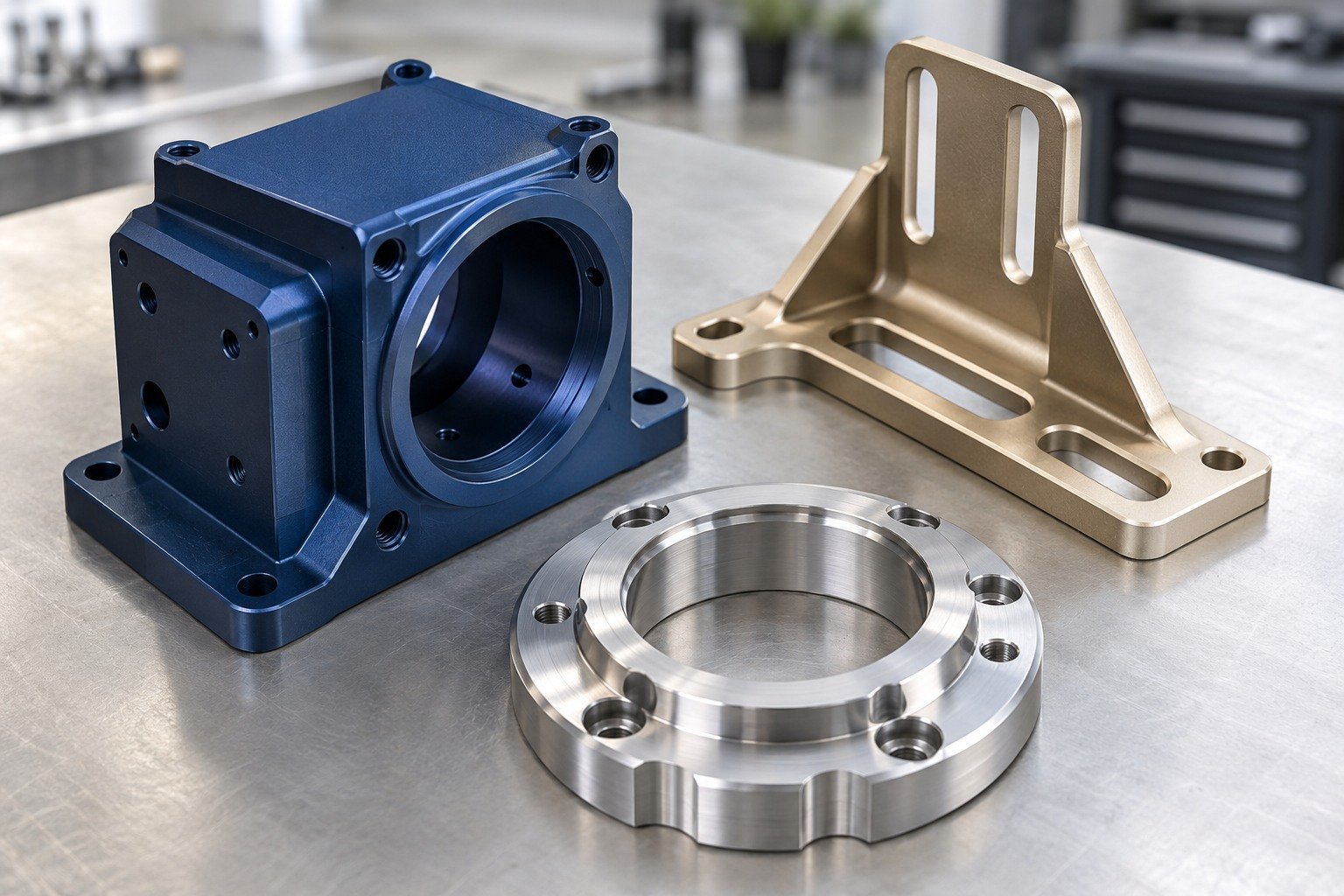 Illustrative anodized aluminum industrial components with distinct shapes and finishes