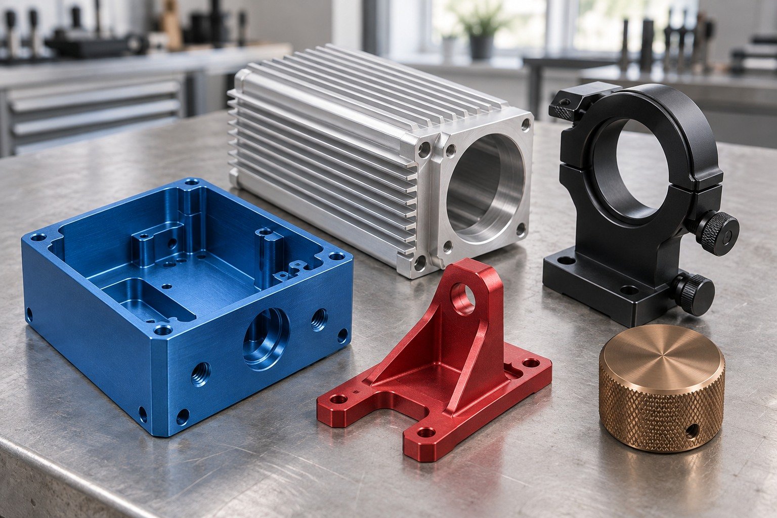 Distinct blue, clear, black, red and bronze anodized aluminum industrial components