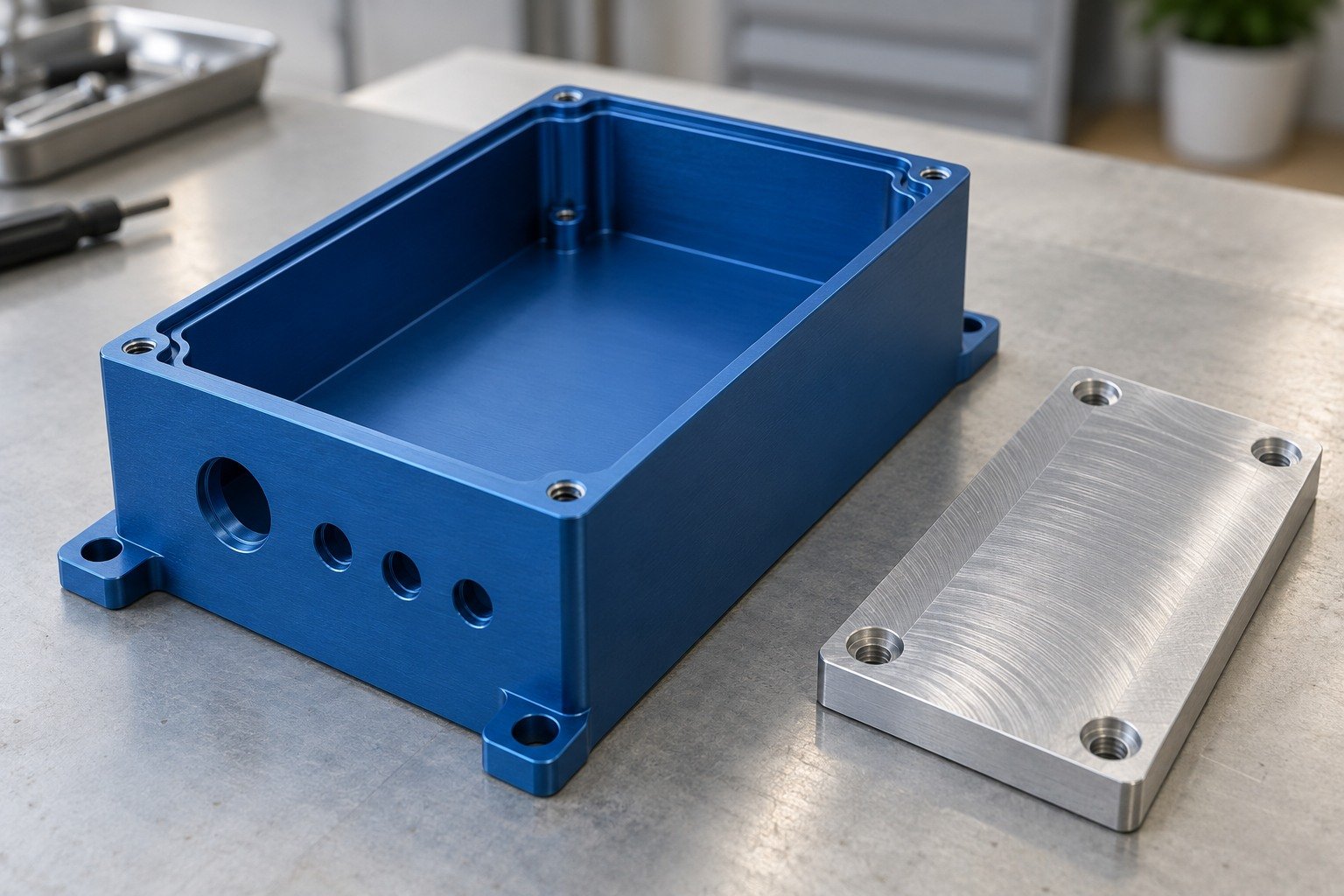 Enclosures & Covers — Alloy & Finish — illustrative anodized aluminum component