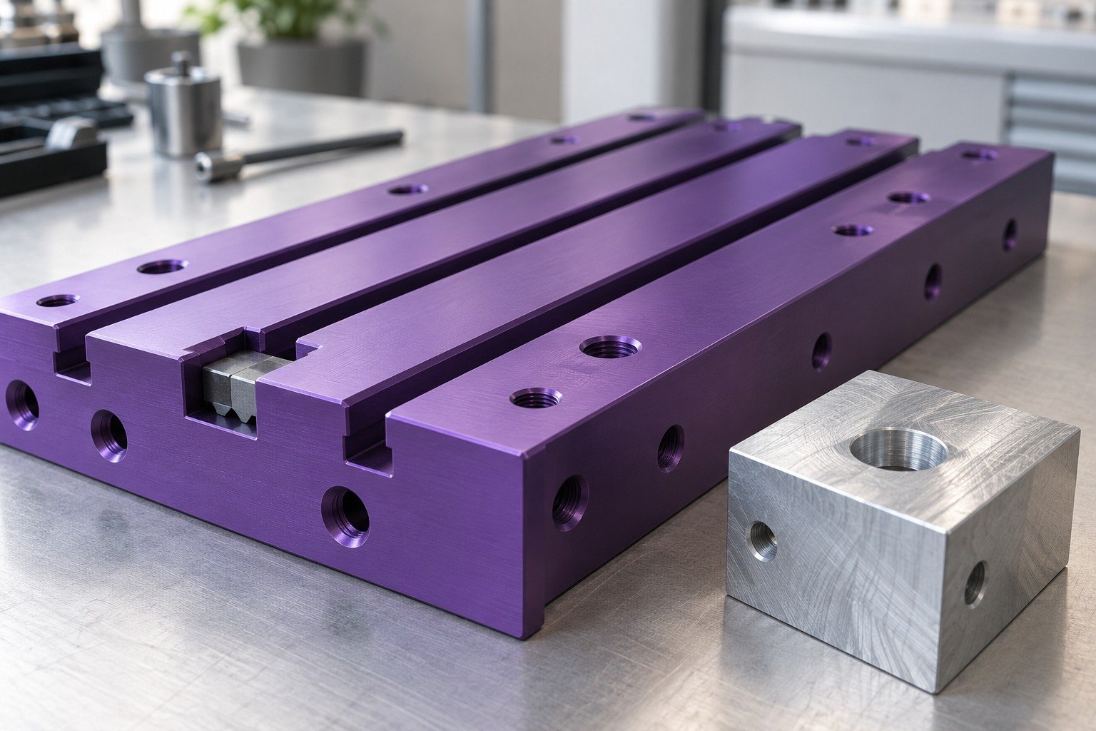 Fixtures & Guides — Alloy & Finish — illustrative anodized aluminum component