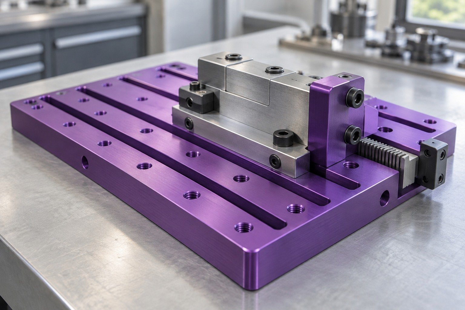 Fixtures & Guides — Your Part — illustrative anodized aluminum component