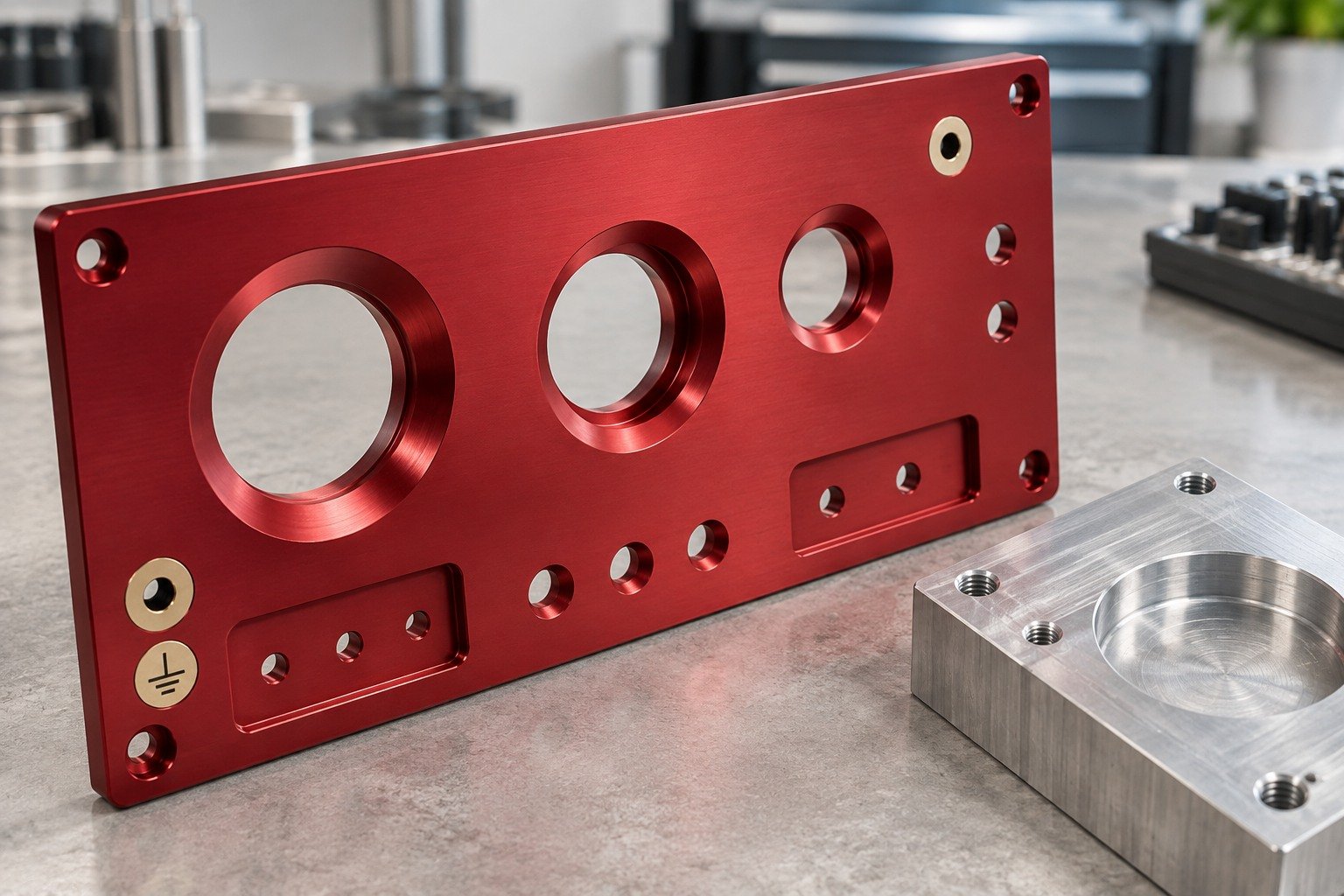 Panels & Controls — Alloy & Finish — illustrative anodized aluminum component