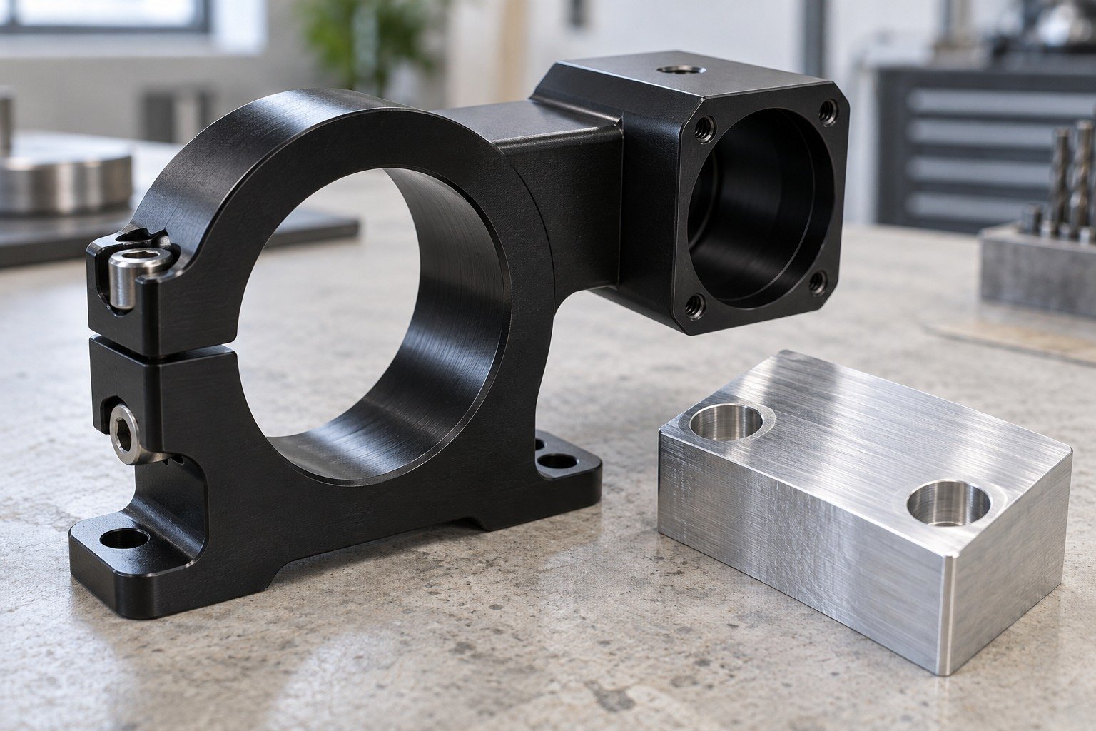 Clamps & Sensor Parts — Alloy & Finish — illustrative anodized aluminum component
