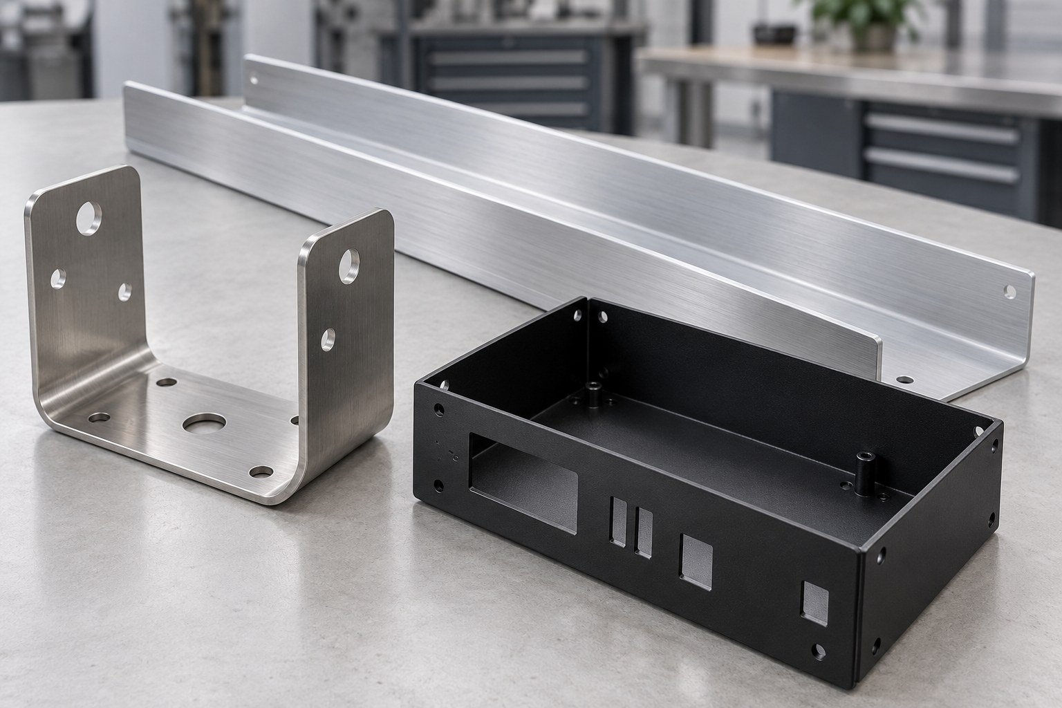 Bent stainless mounting bracket, aluminum channel and coated sheet metal chassis