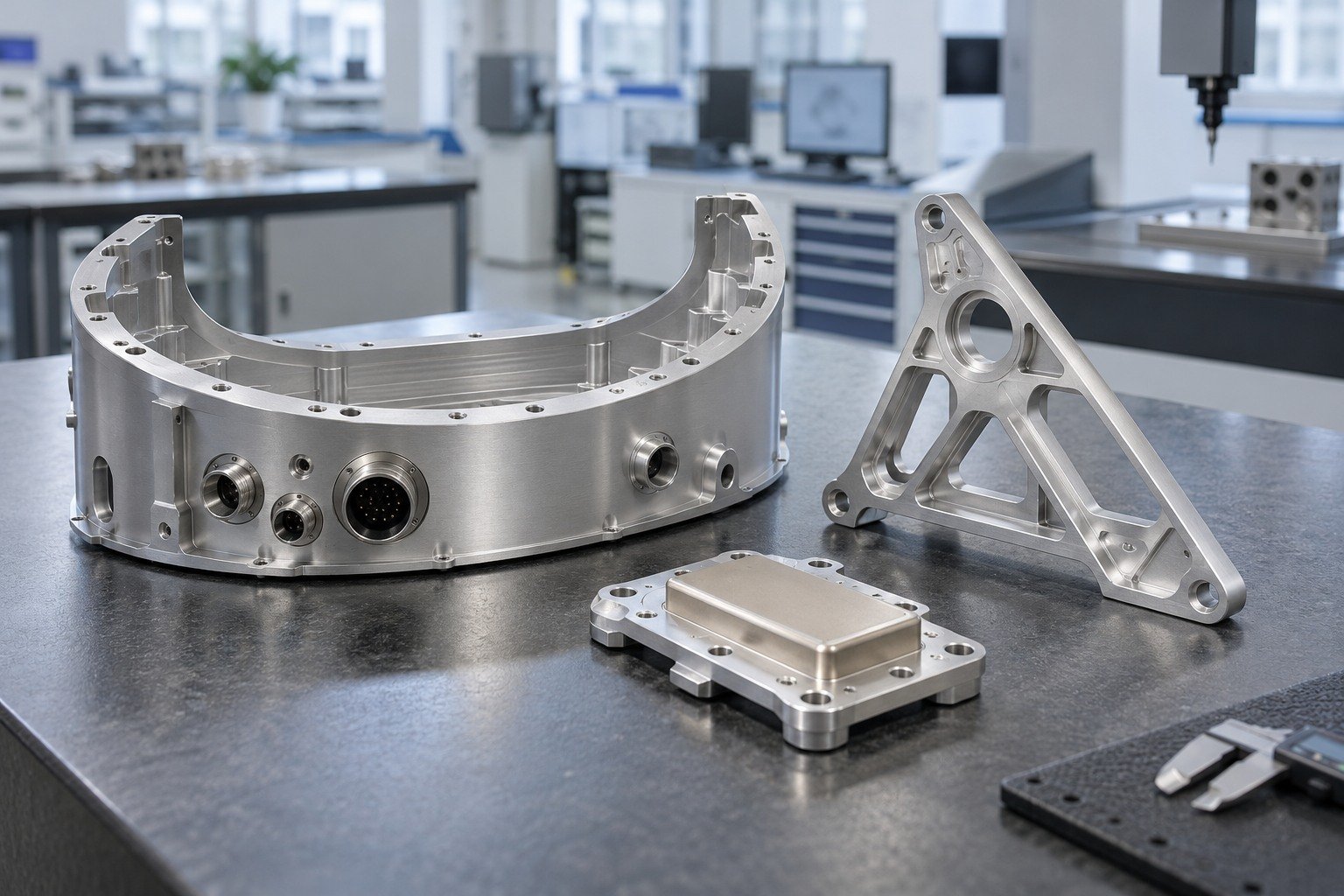 Illustrative conversion-film aluminum electronics enclosure, asymmetric mounting frame and precision contact plate