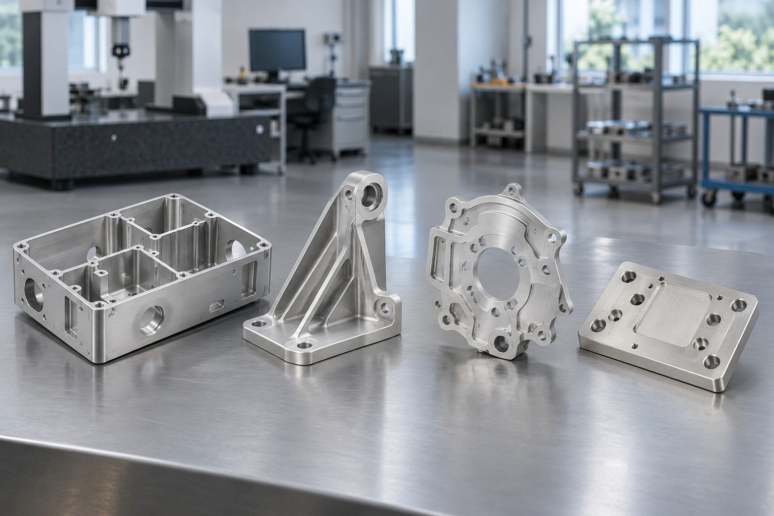 Illustrative aluminum electronics housing, ribbed mounting bracket, machined cover and contact plate with subtle chemical-film appearance