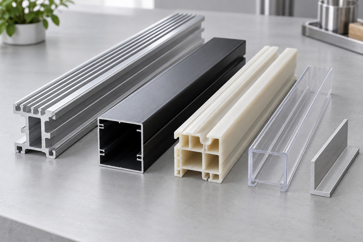 Custom aluminum and polymer sections with distinct open and hollow profiles