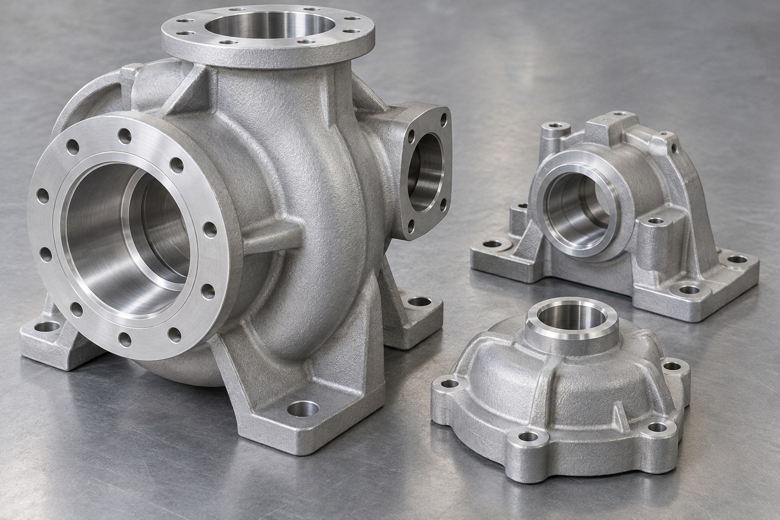 Aluminum gravity cast pump housing, bearing carrier and cover concepts