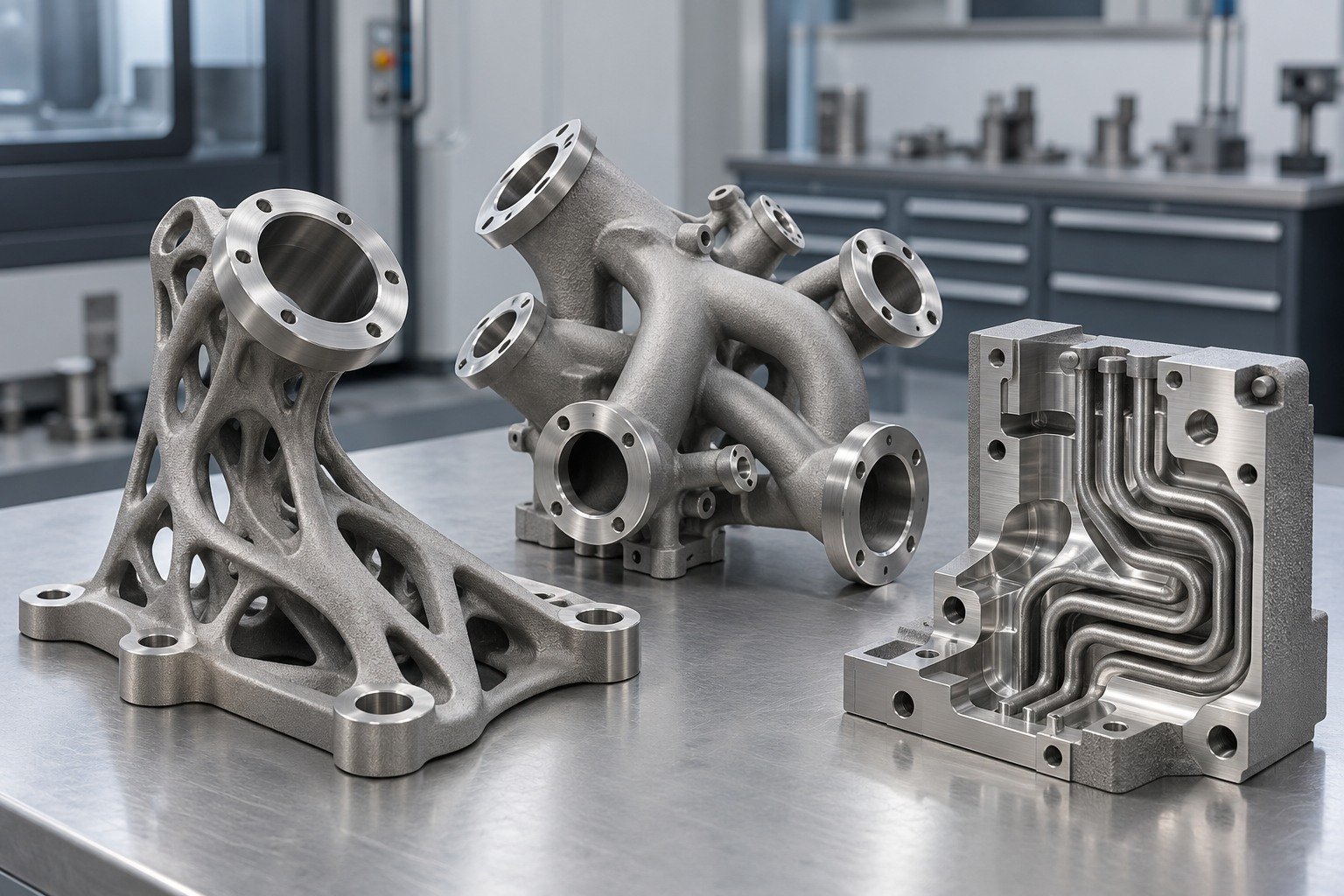 Distinct illustrative metal printed manifold, lattice bracket and tooling component concepts.