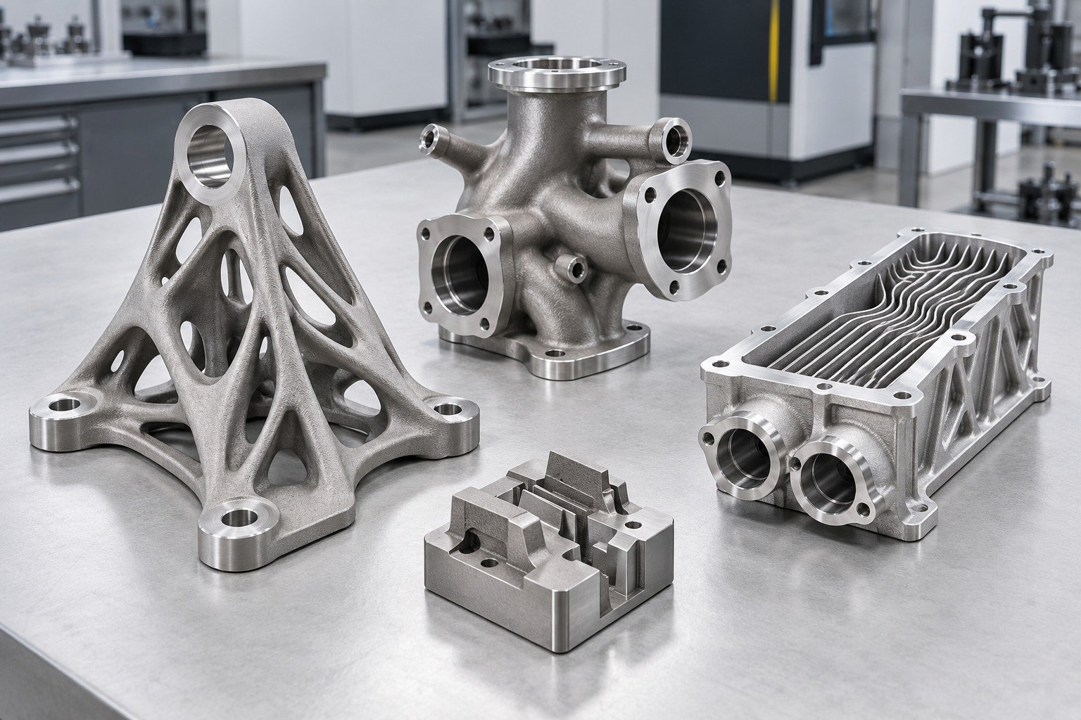 Illustrative printed metal bracket, manifold and thermal component with machined interfaces