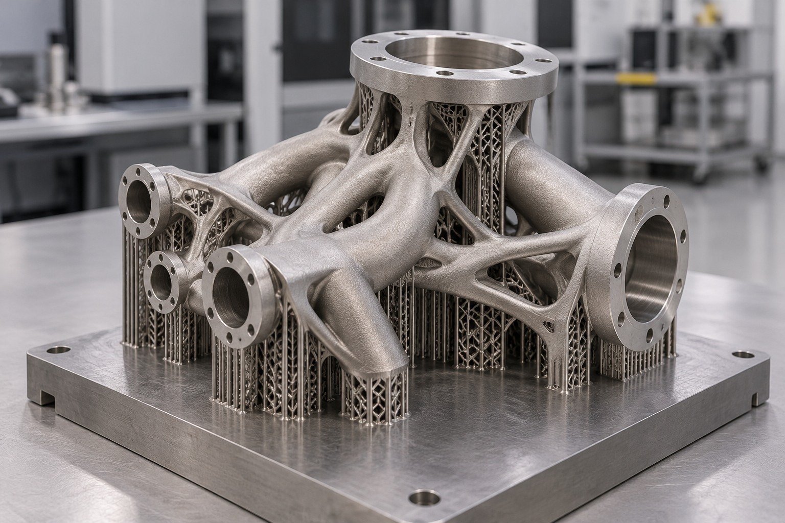 Illustrative metal printed part on accessible build supports