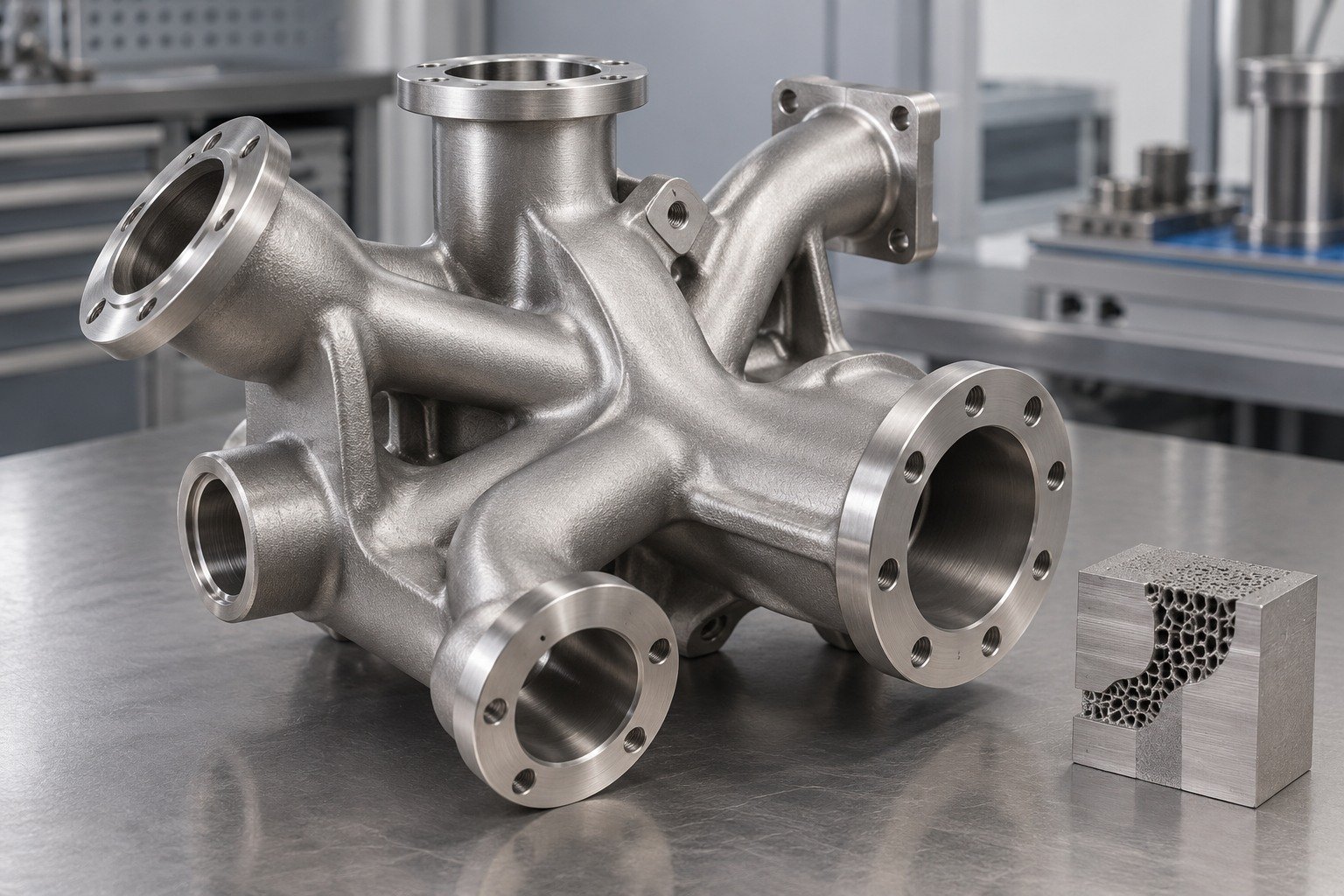 Manifolds & Housings — Material & Process — Illustrative metal additive manufacturing concept.