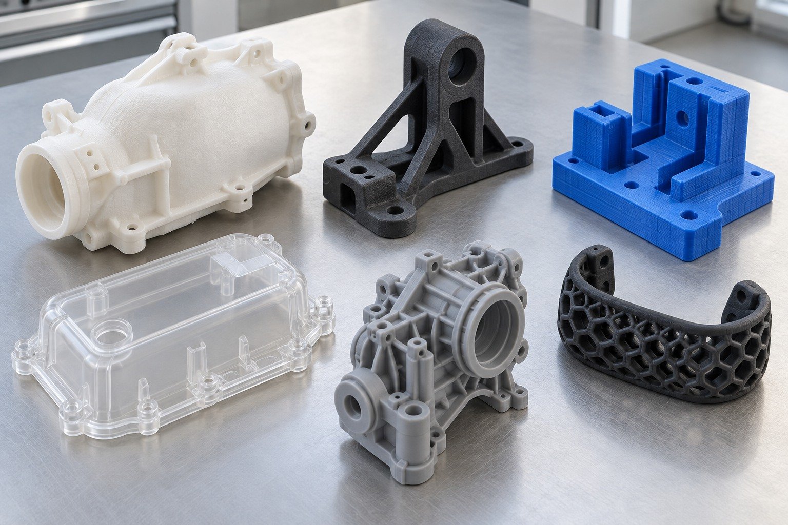 Illustrative distinct resin, nylon, FDM polymer and TPU part samples