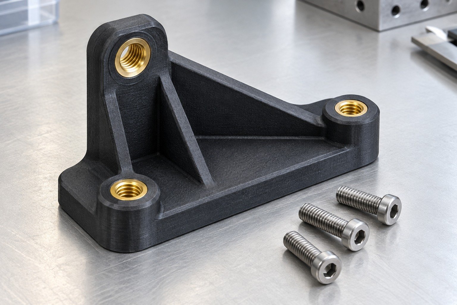 Illustrative plastic bracket bosses and brass insert access