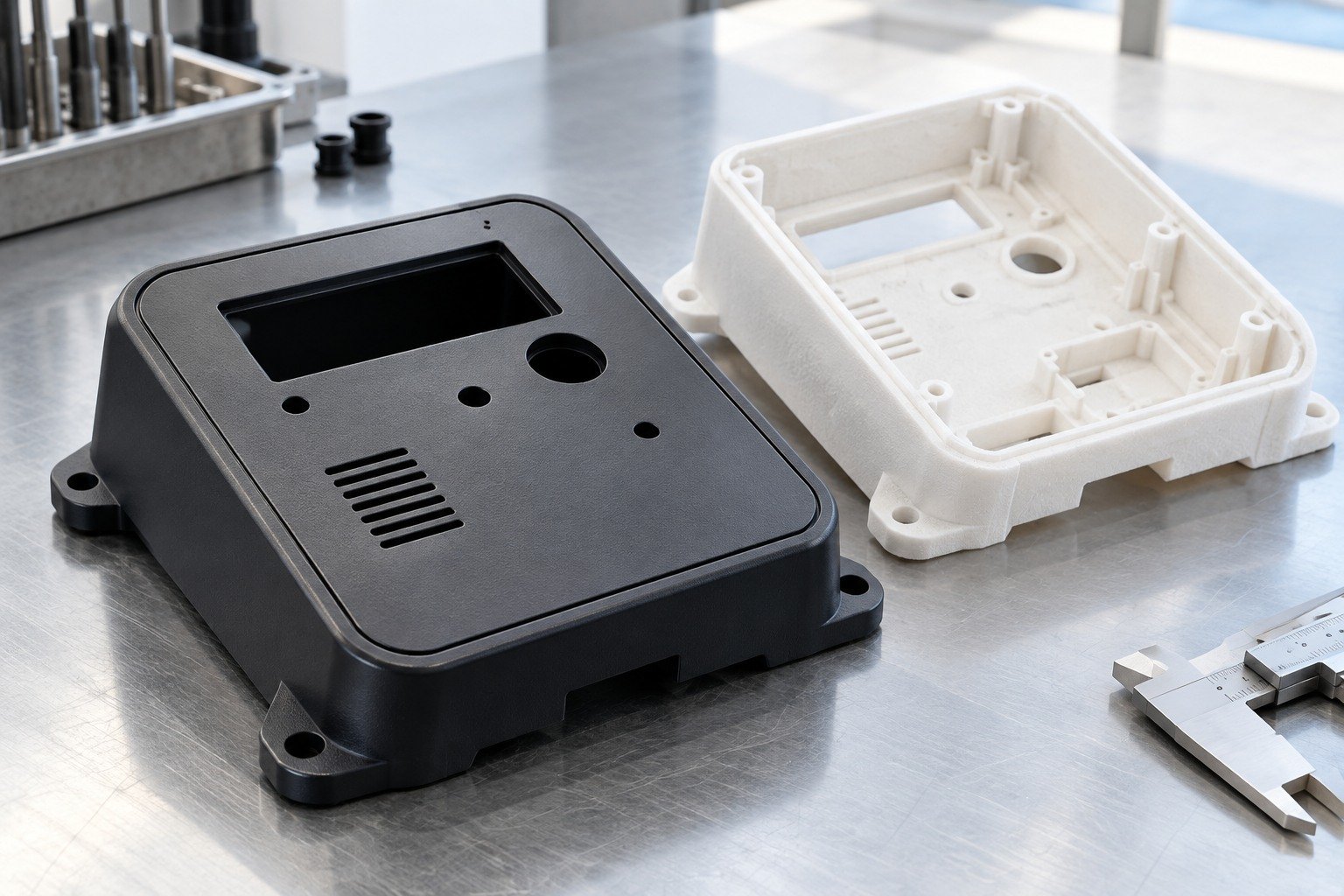 Illustrative plastic housing finish and protected mating rim