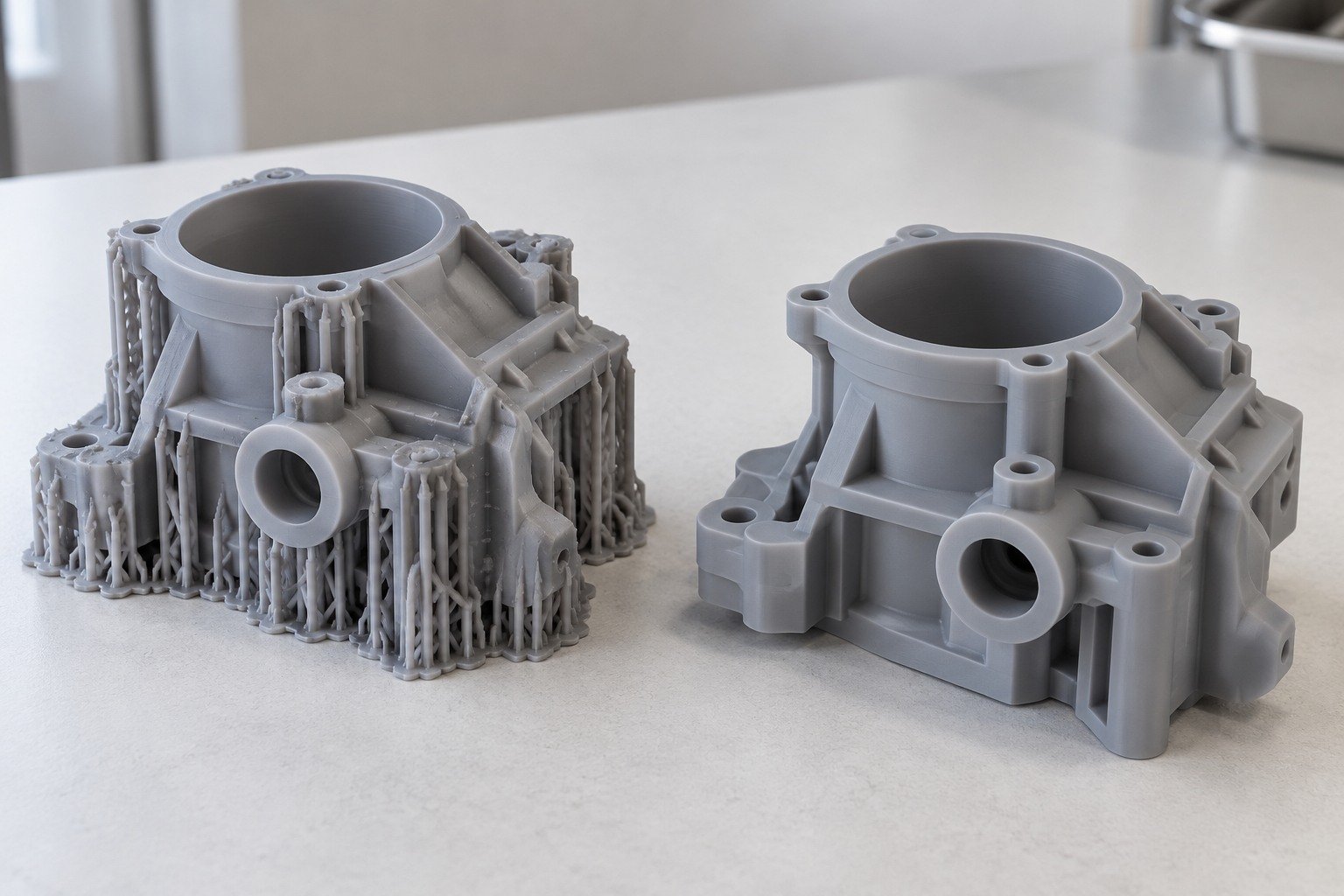 Illustrative resin print before and after required cleanup