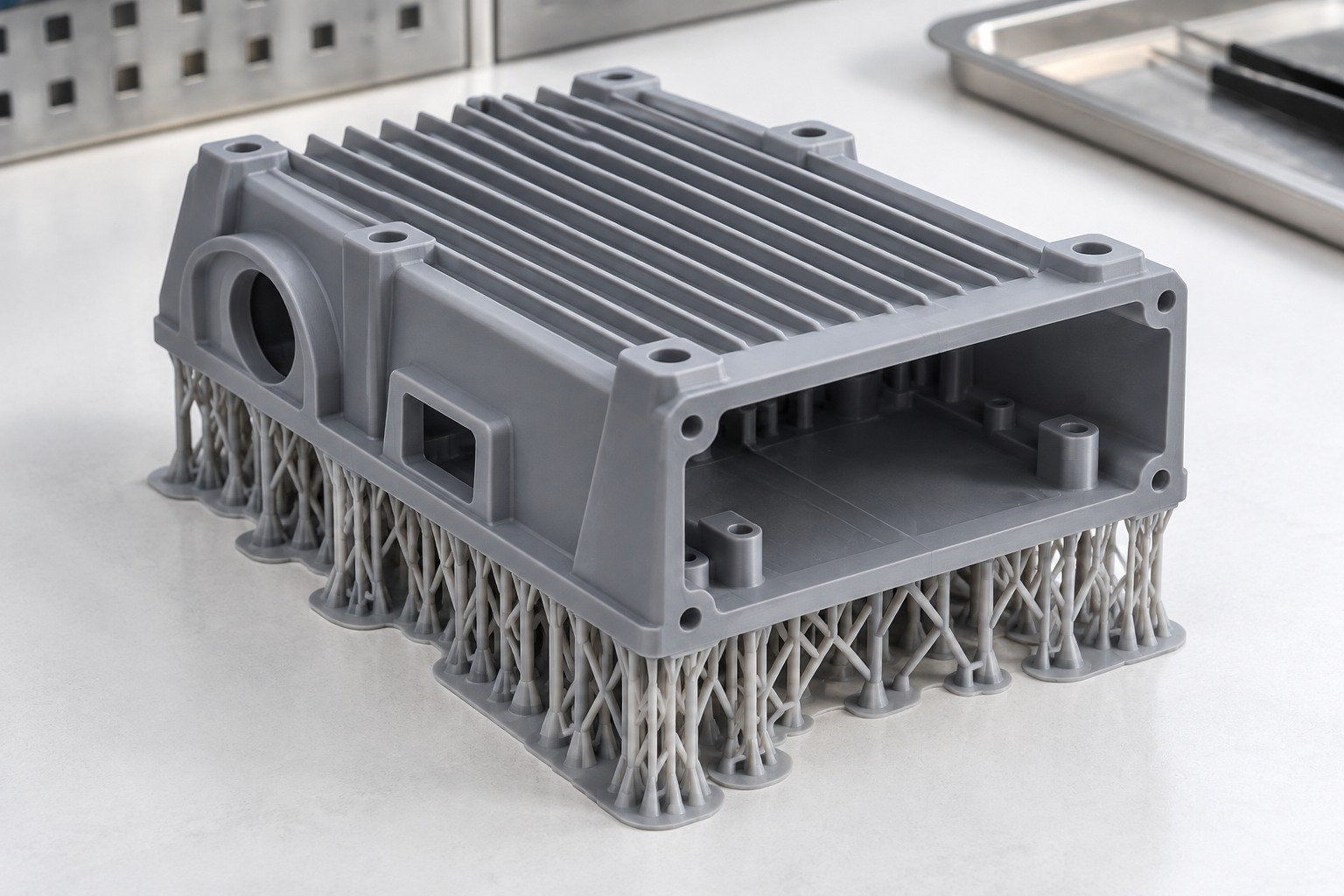 Illustrative plastic resin support contacts away from a visible surface