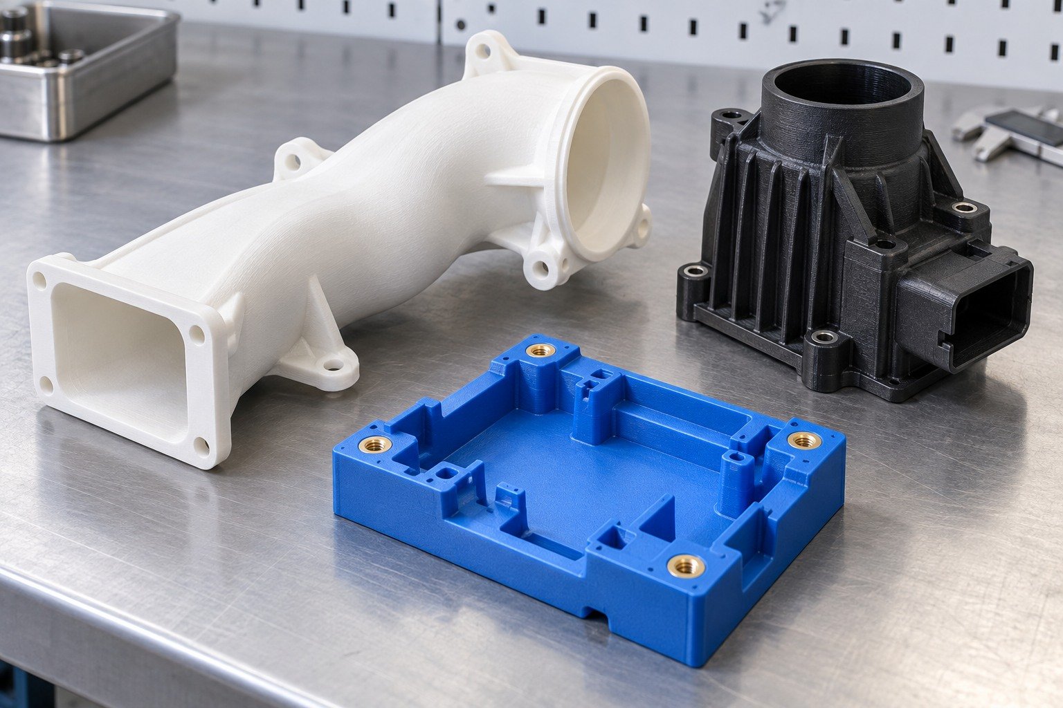 Distinct illustrative nylon duct, polymer sensor housing and plastic assembly nest for custom plastic 3D printing.