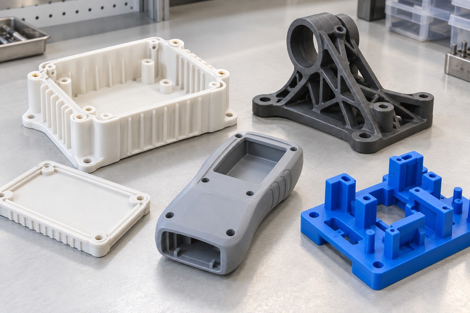 Illustrative plastic printed enclosure, mounting bracket, resin housing and assembly fixture concepts