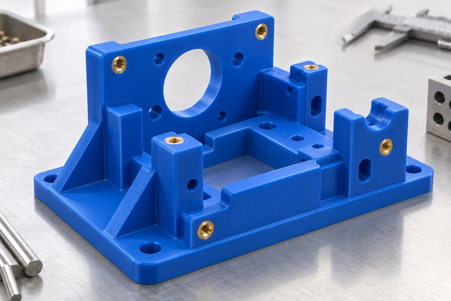 Jigs & Fixtures — Finish & Assembly — Illustrative plastic printed-part concept.