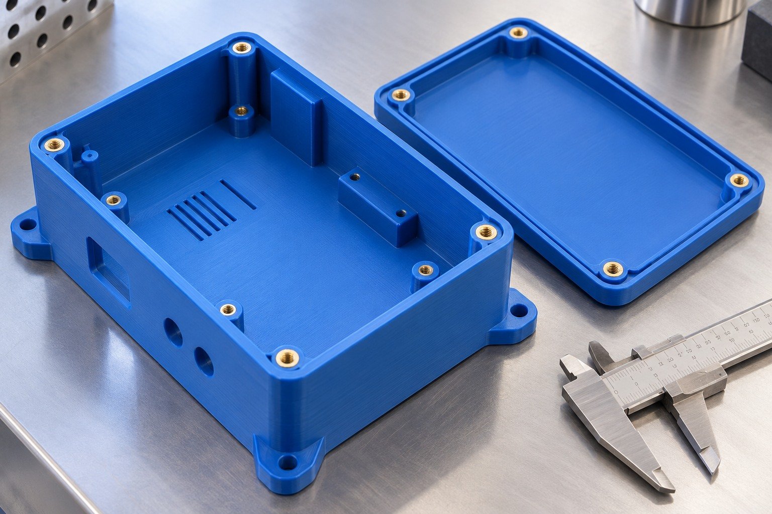 Illustrative finished polymer enclosure with assembly inserts