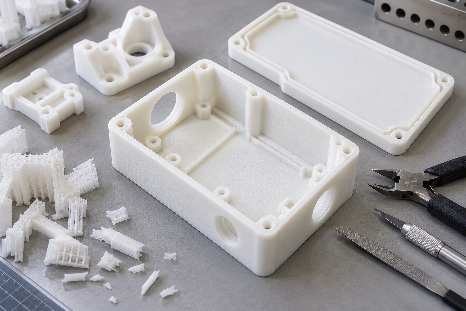 Illustrative cleaned plastic printed enclosure and secondary-work preparation