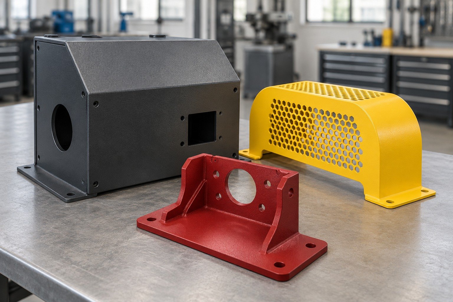 Illustrative powder-coated fabricated metal parts with distinct shapes and finishes