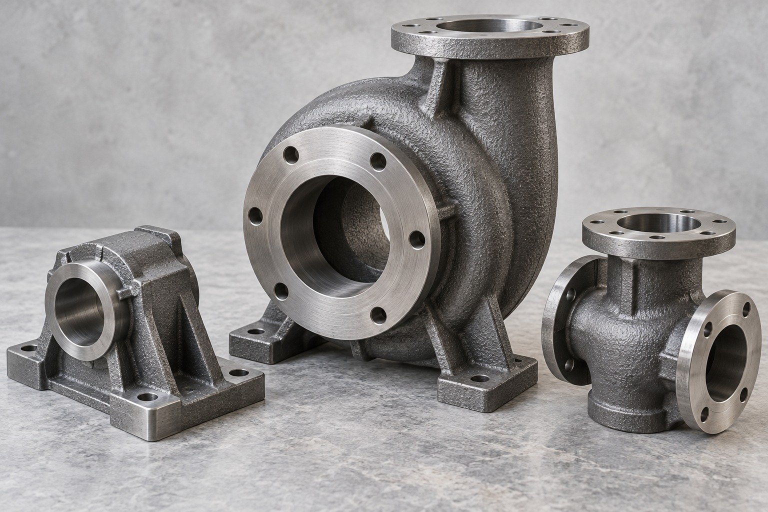 Cored iron pump body, bearing support and valve component concepts