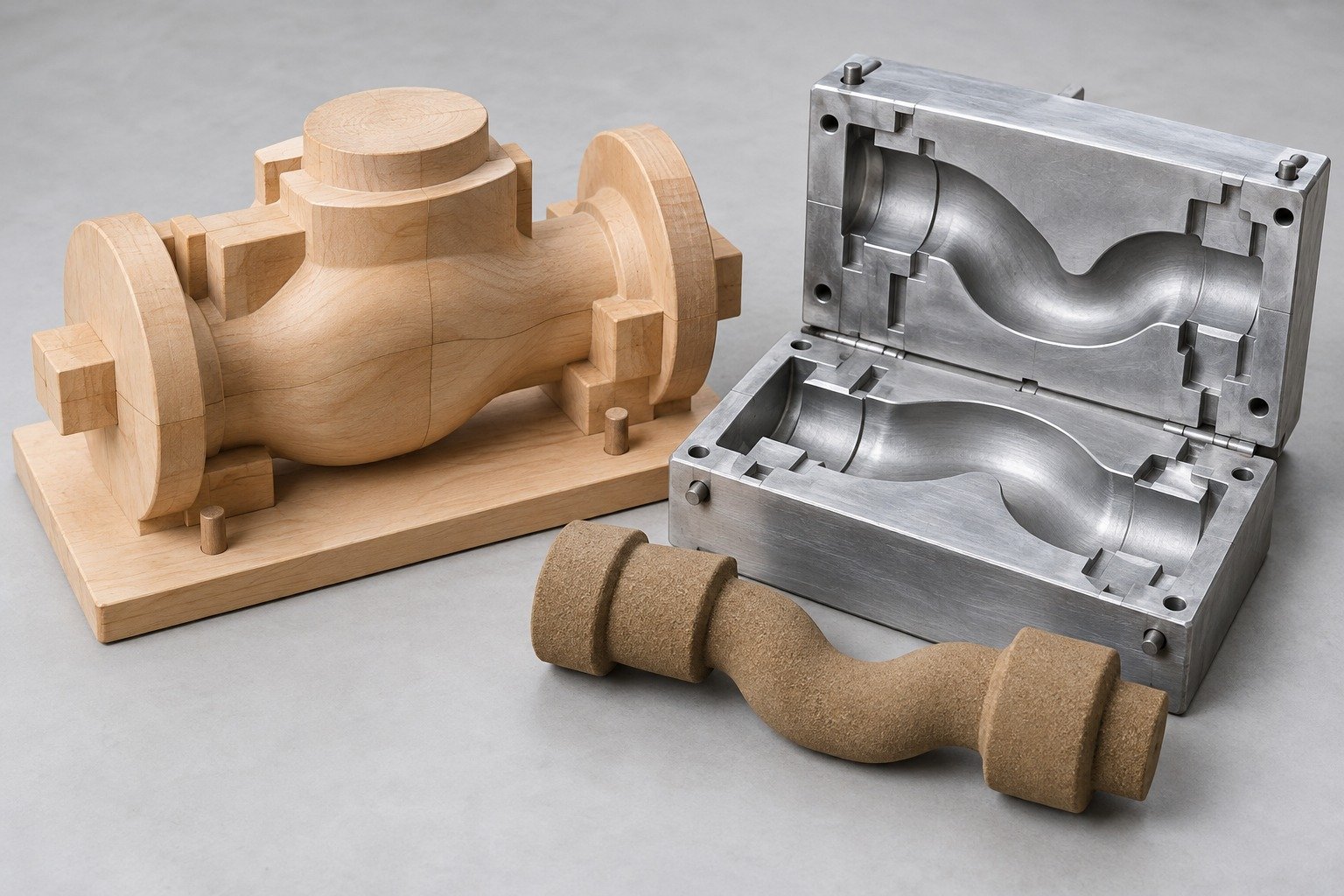 Split pattern, core box and sand core — illustrative tooling concept