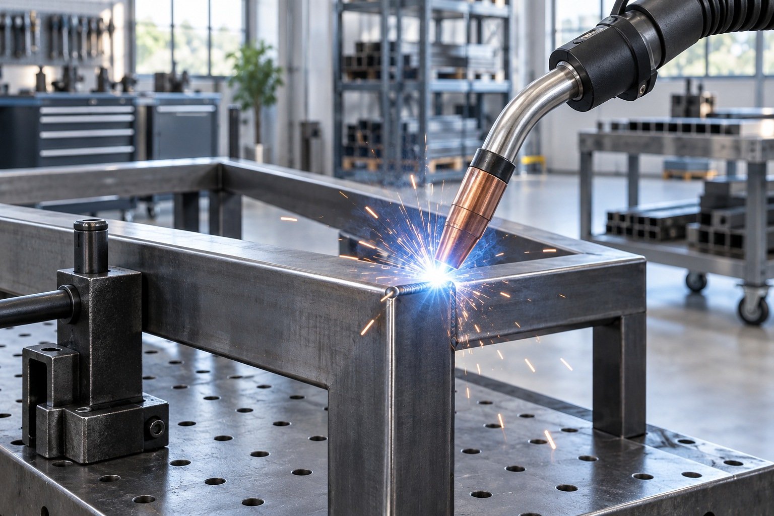 Welding torch joining steel equipment frame members