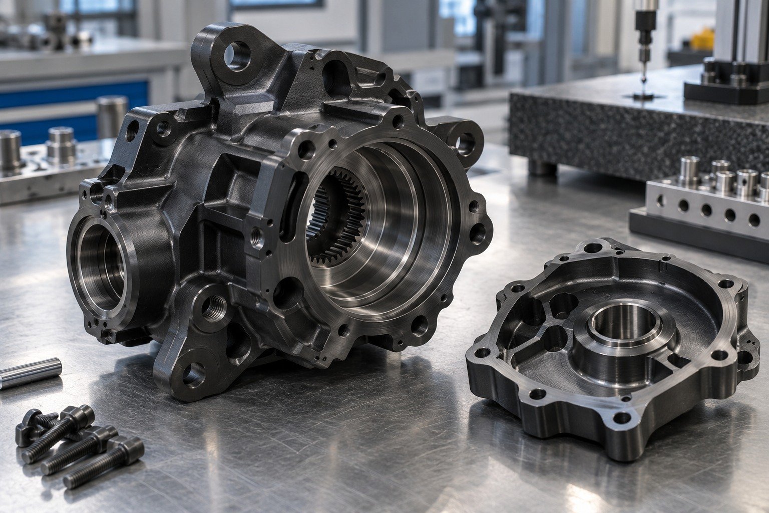 Machined Components — Your Part — illustrative blackened steel component