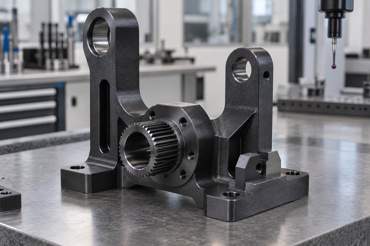 Illustrative blackened steel fixture bridge, stepped drive hub and machined locating block
