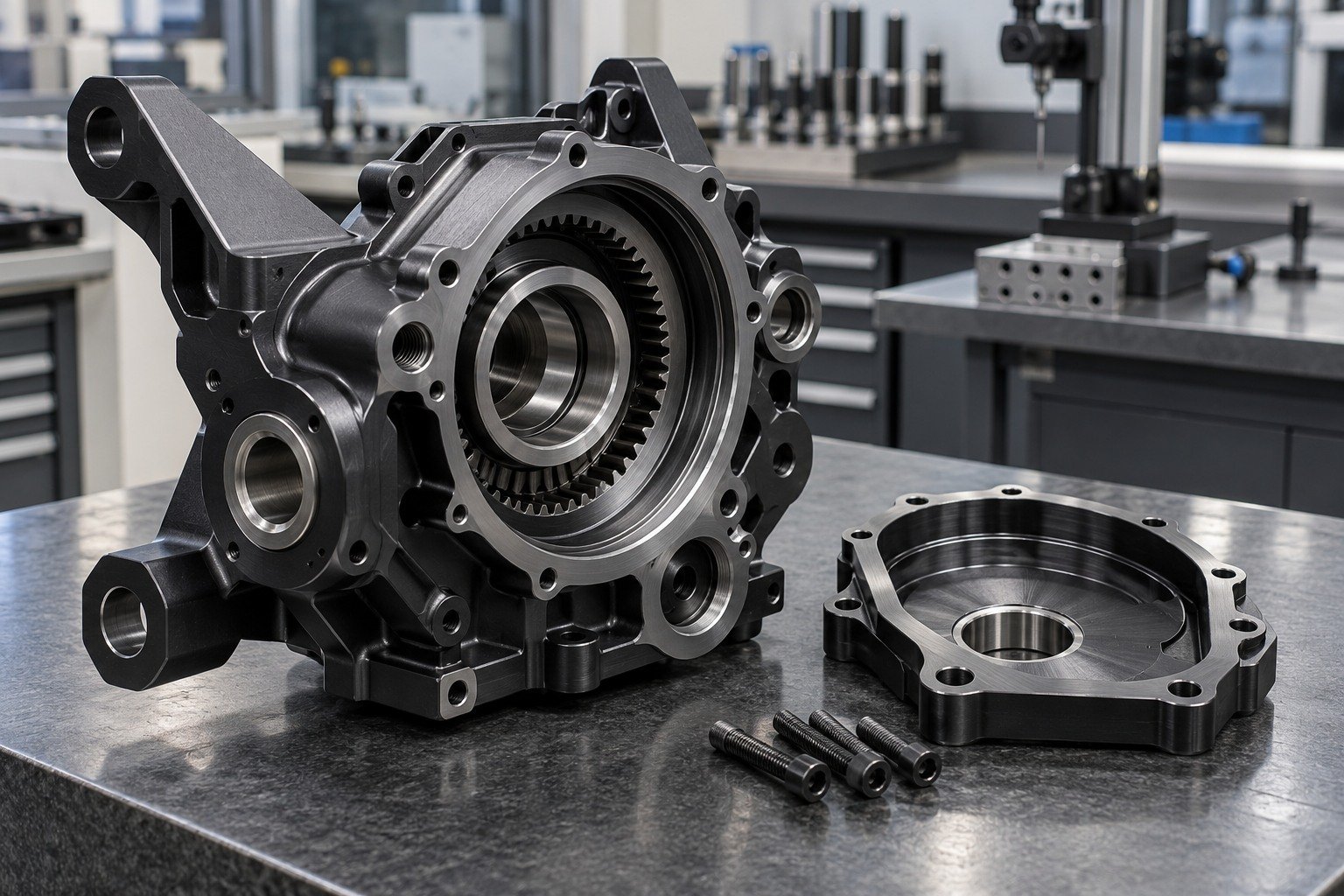 Machined Housings — illustrative blackened steel component