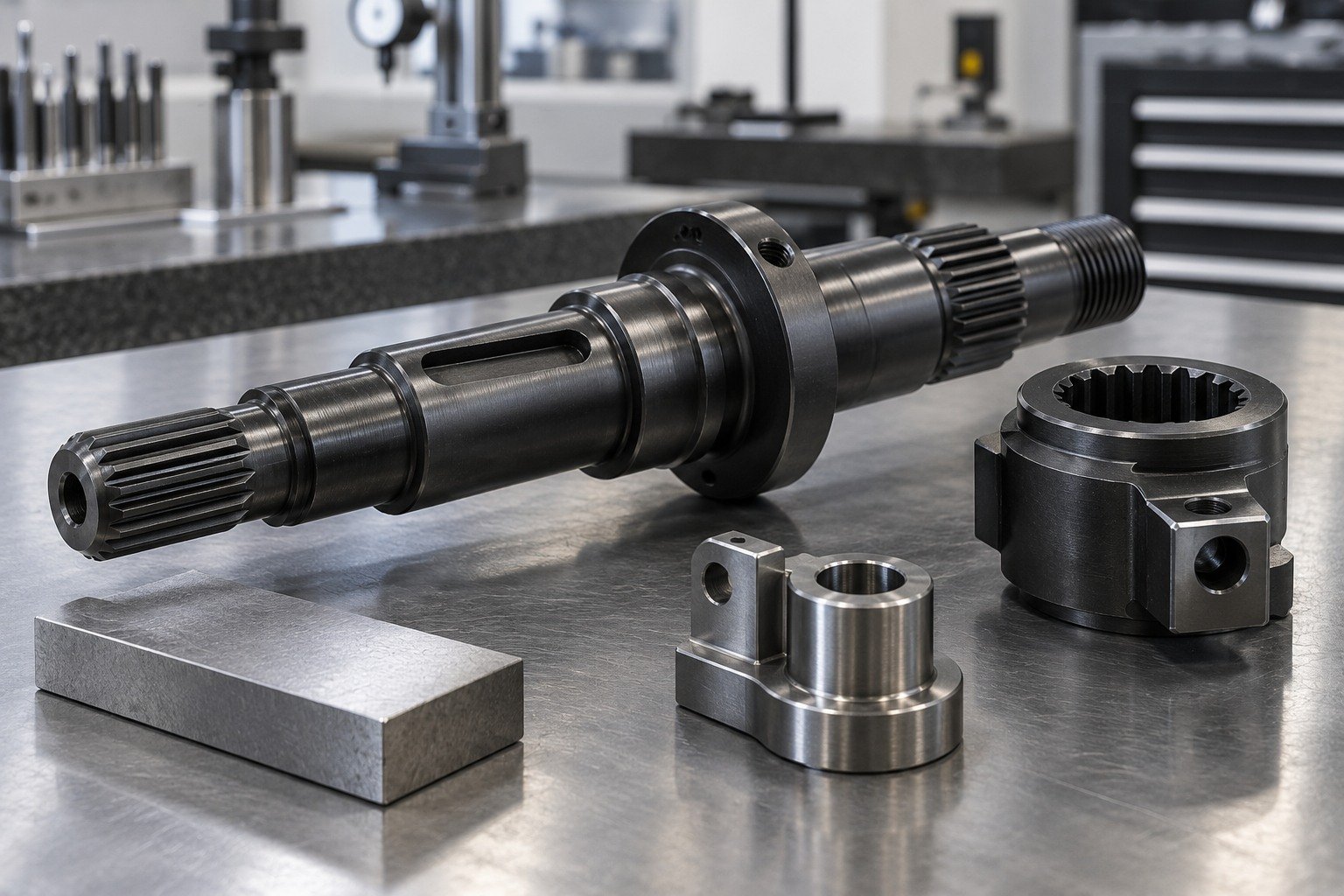 Shafts & Hubs — Steel & Route — illustrative blackened steel component