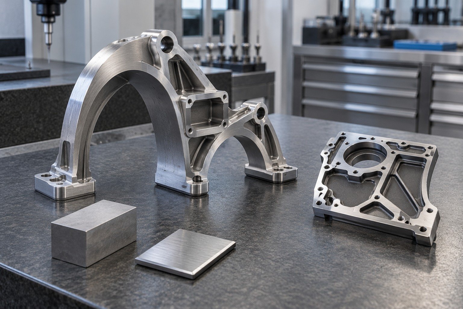 Your Custom Part — Material & Finish — illustrative brushed or mechanically polished metal component