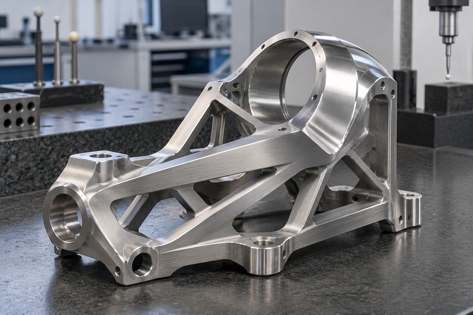 Illustrative mechanically finished support brackets with brushed faces and polished curved mounting arms