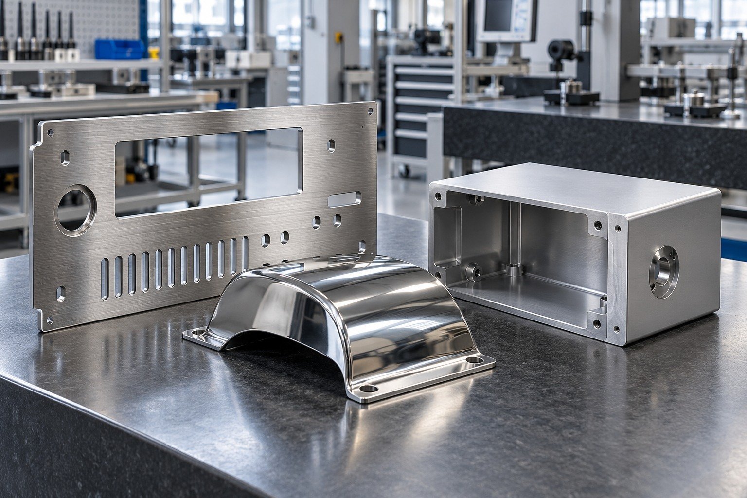 Illustrative brushed stainless instrument cover, polished curved mounting bracket and satin aluminum control enclosure