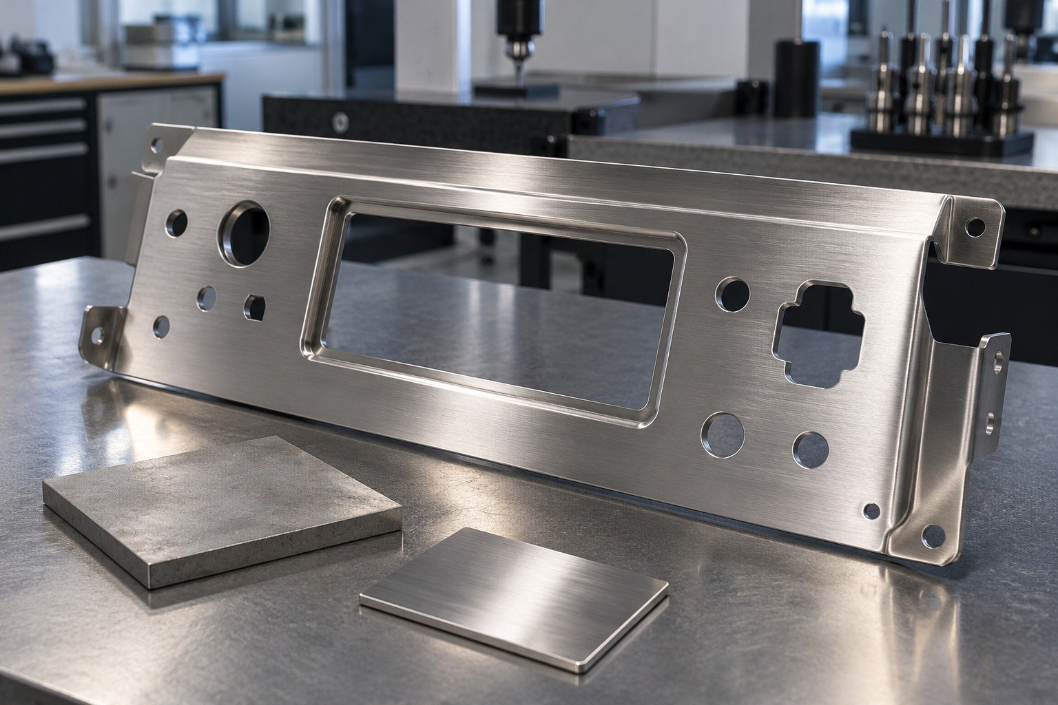 Panels & Fascias — Material & Finish — illustrative brushed or mechanically polished metal component