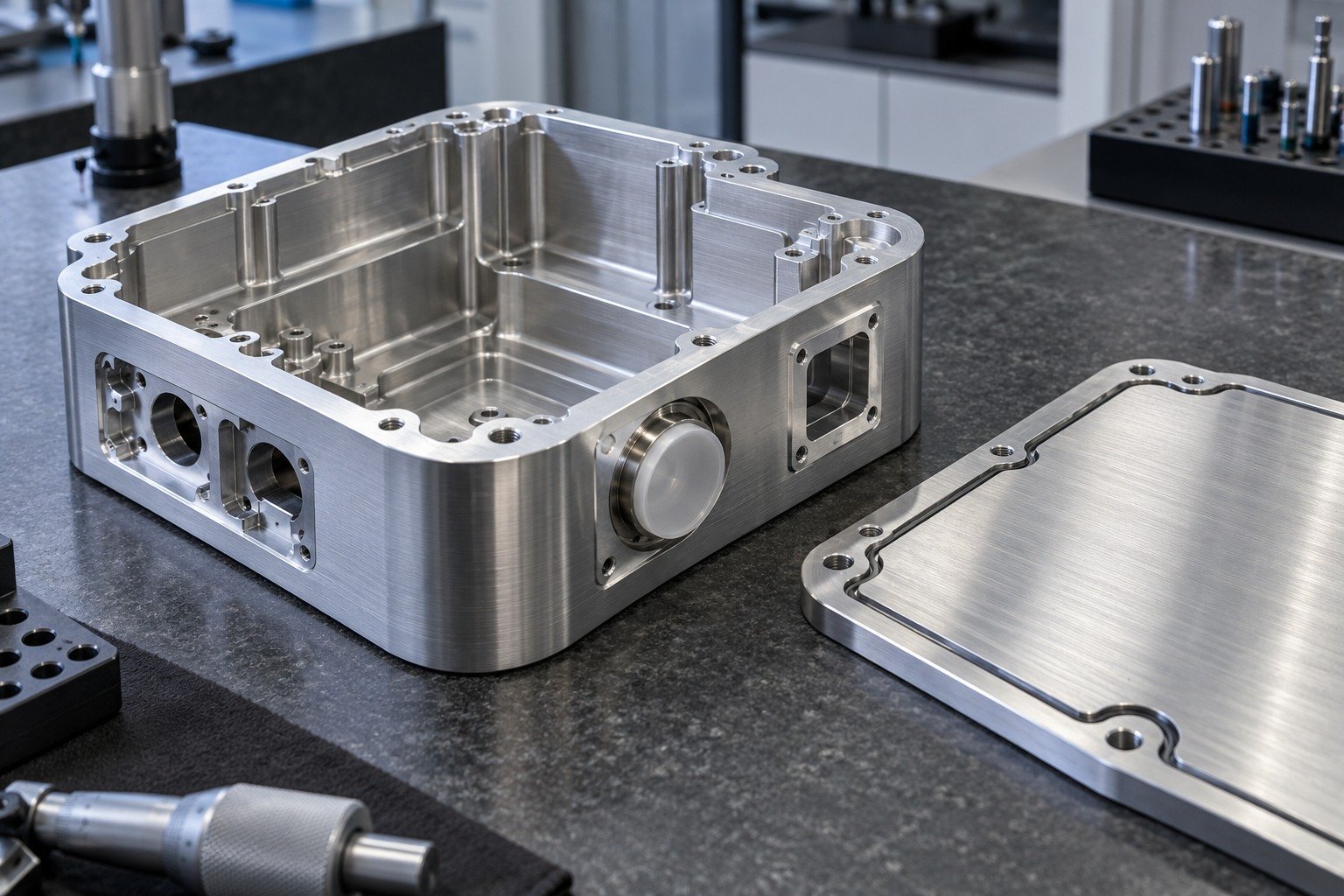 Enclosures & Covers — Grain & Access — illustrative brushed or mechanically polished metal component