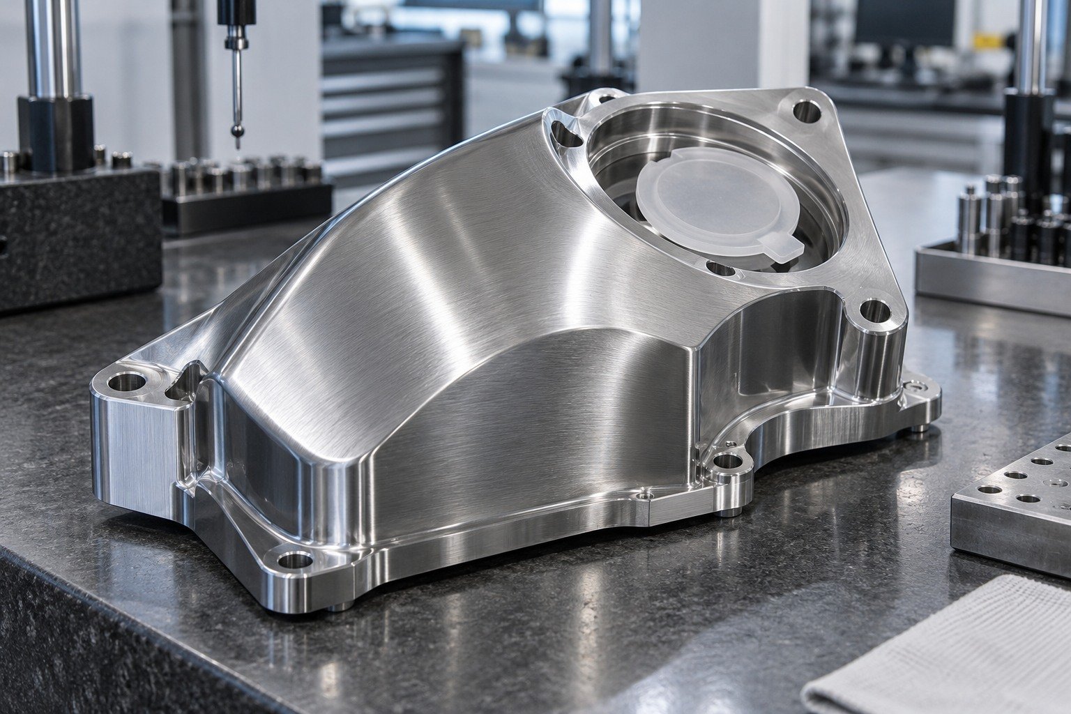 Reflective Surfaces — Grain & Access — illustrative brushed or mechanically polished metal component