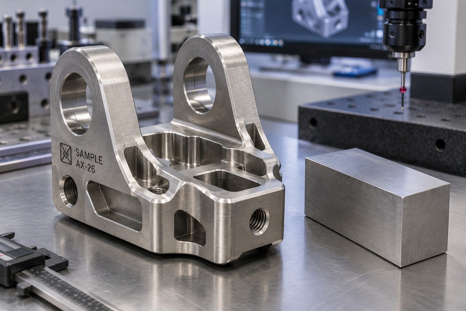 Your Custom Part — Material & Method — illustrative industrial laser-marked component