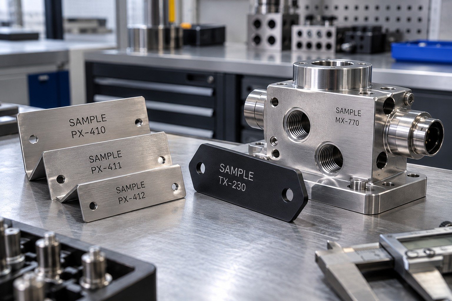 Illustrative laser-marked metal identification plates and machined component with sample part numbers