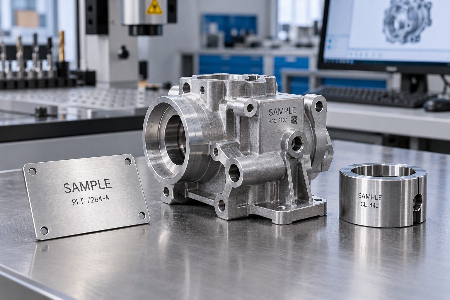 Illustrative industrial metal nameplate, engraved machined housing and cylindrical collar with sample identification marks