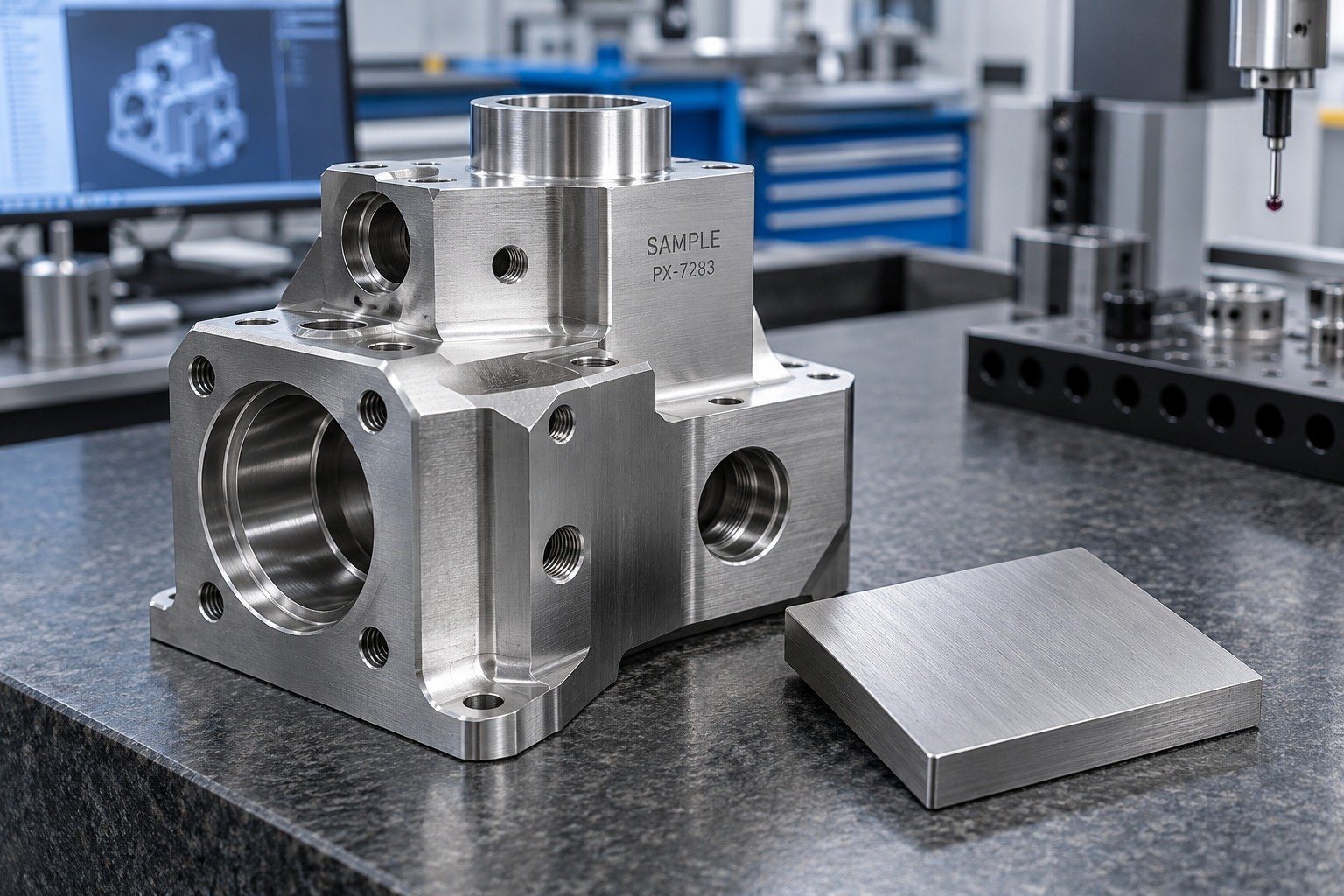 Machined Components — Material & Method — illustrative industrial laser-marked component