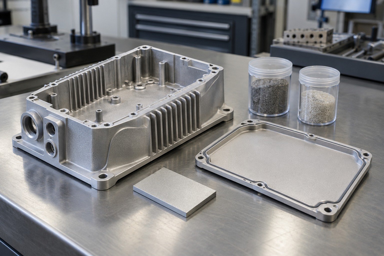 Aluminum Enclosures — Material & Media — illustrative media-blasted metal component